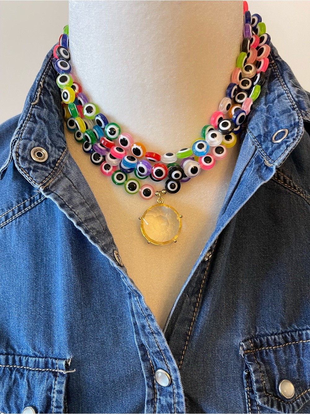 Multicolor Neon Evil Eye Beaded Choker Necklace with Gold Clear Pendant